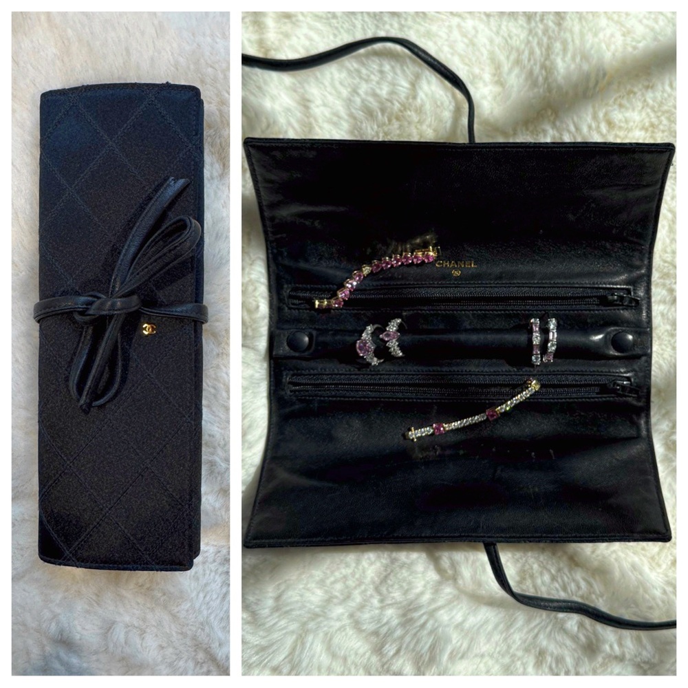 Chanel RARE Vintage Quilted Satin CC Jewelry Roll Travel Pouch
